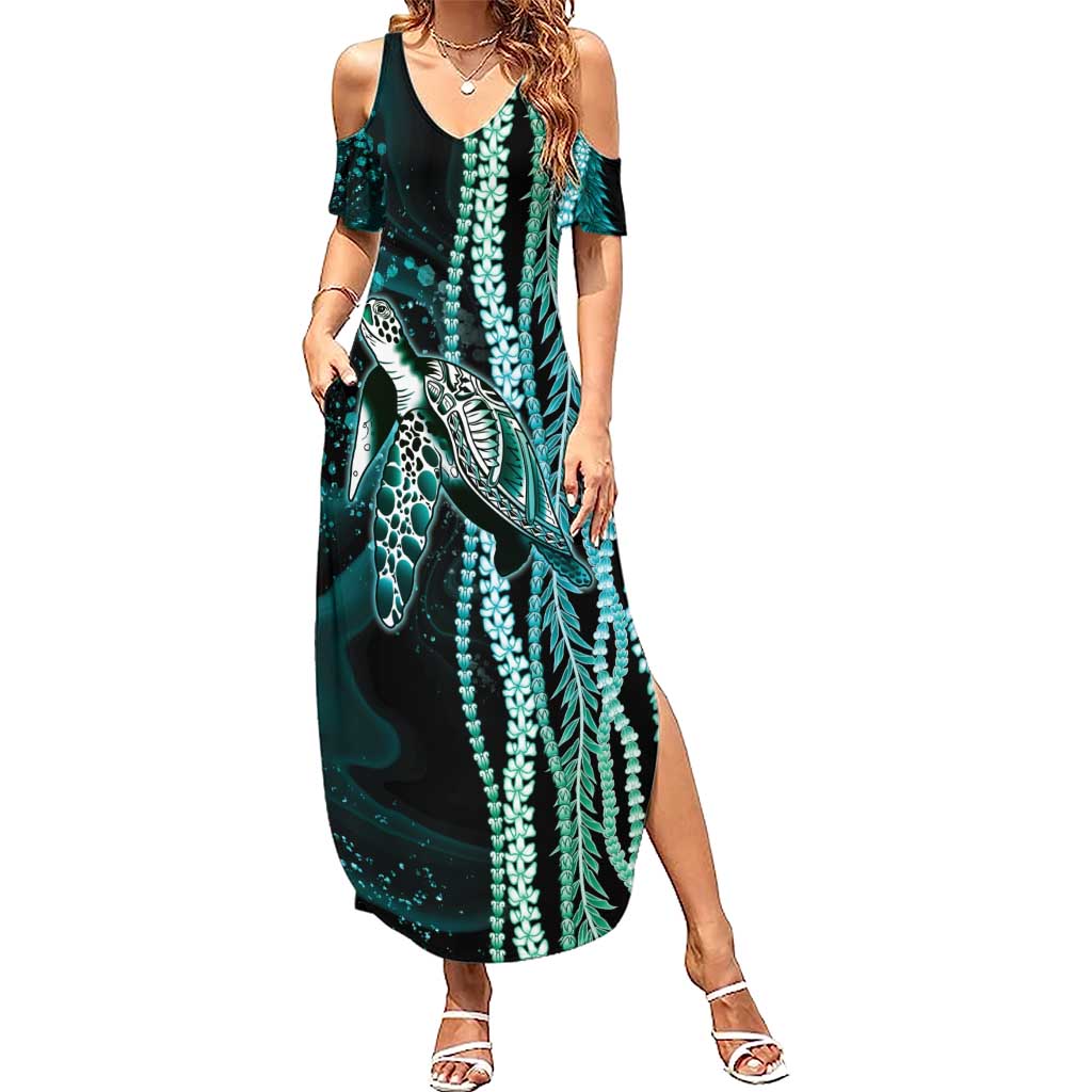 Hawaiian Honu Personalized Family Matching Summer Maxi Dress and Hawaiian Shirt Dark Cyan Maile Pikake Flower Lei Inspired LT9 Mom's Dress Cyan - Polynesian Pride