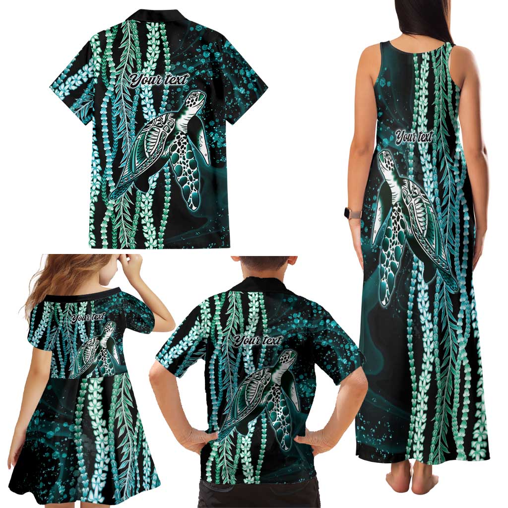 Hawaiian Honu Personalized Family Matching Tank Maxi Dress and Hawaiian Shirt Dark Cyan Maile Pikake Flower Lei Inspired LT9 - Polynesian Pride