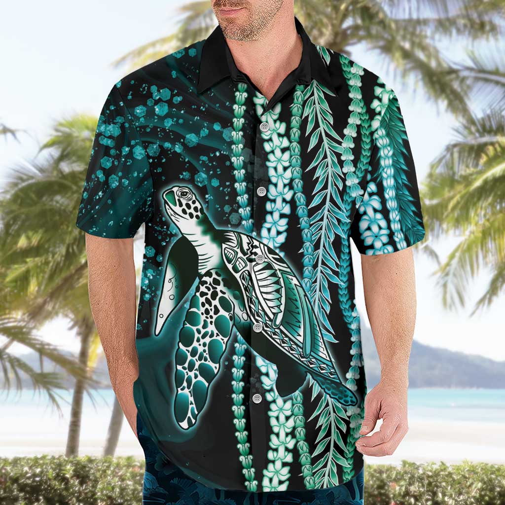 Hawaiian Honu Personalized Hawaiian Shirt Dark Cyan Maile Pikake Flower Lei Inspired