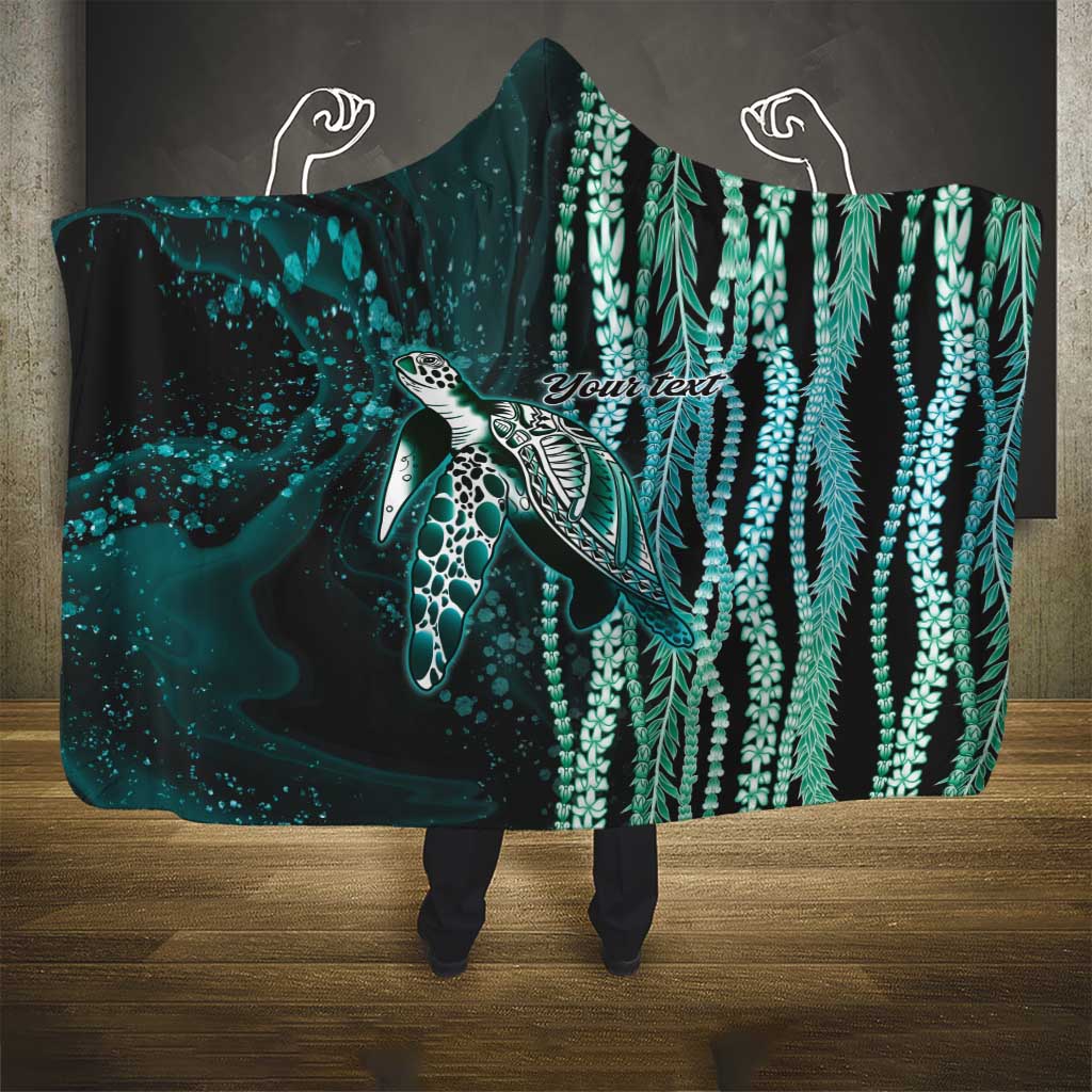 Hawaiian Honu Personalized Hooded Blanket Dark Cyan Maile Pikake Flower Lei Inspired