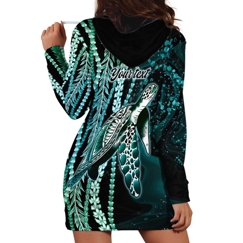 Hawaiian Honu Personalized Hoodie Dress Dark Cyan Maile Pikake Flower Lei Inspired