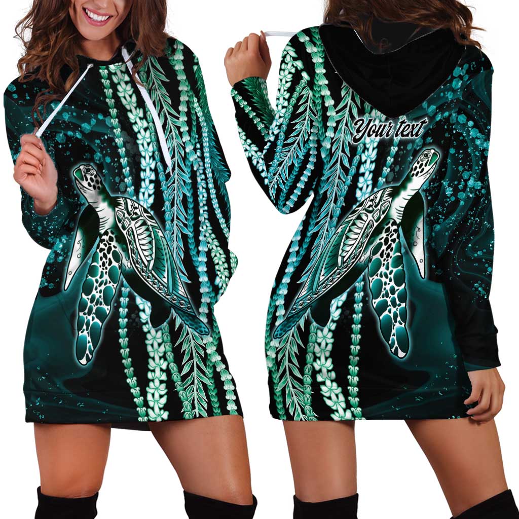 Hawaiian Honu Personalized Hoodie Dress Dark Cyan Maile Pikake Flower Lei Inspired