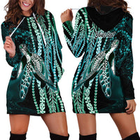 Hawaiian Honu Personalized Hoodie Dress Dark Cyan Maile Pikake Flower Lei Inspired