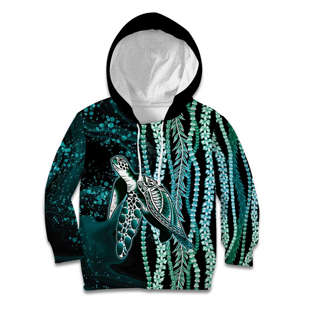 Hawaiian Honu Personalized Kid Hoodie Dark Cyan Maile Pikake Flower Lei Inspired