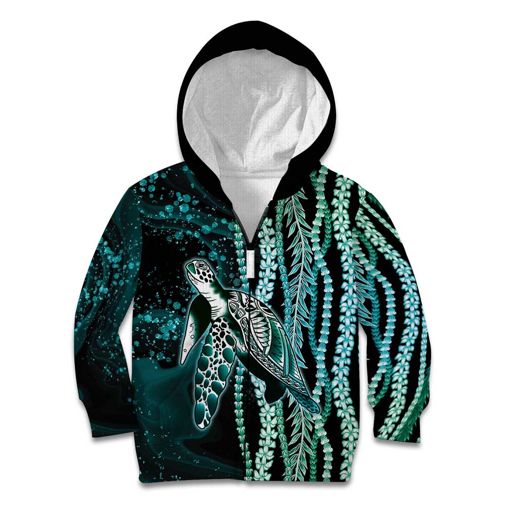 Hawaiian Honu Personalized Kid Hoodie Dark Cyan Maile Pikake Flower Lei Inspired