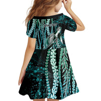 Hawaiian Honu Personalized Kid Short Sleeve Dress Dark Cyan Maile Pikake Flower Lei Inspired