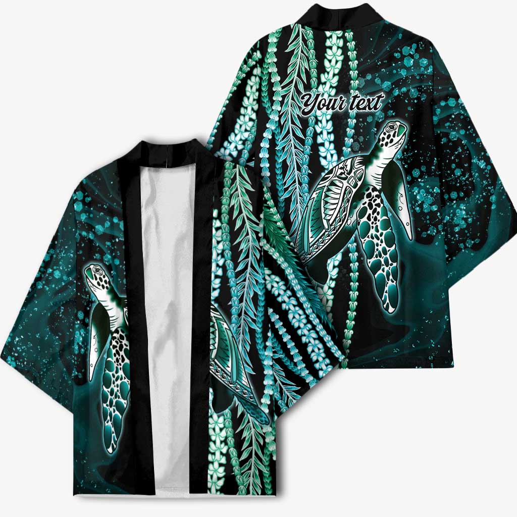 Hawaiian Honu Personalized Kimono Dark Cyan Maile Pikake Flower Lei Inspired
