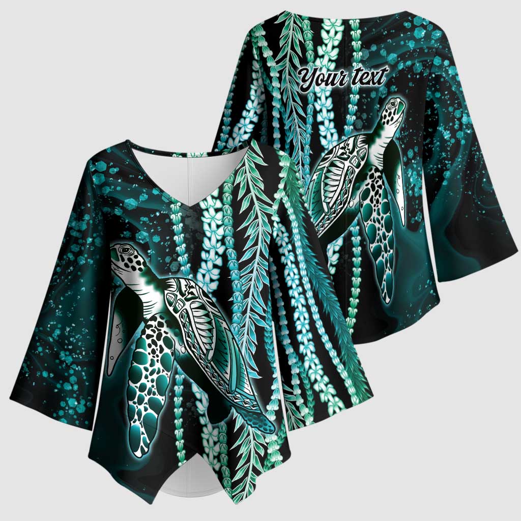 Hawaiian Honu Personalized Kimono Sleeve Blouse Dark Cyan Maile Pikake Flower Lei Inspired