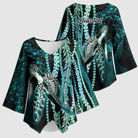 Hawaiian Honu Personalized Kimono Sleeve Blouse Dark Cyan Maile Pikake Flower Lei Inspired