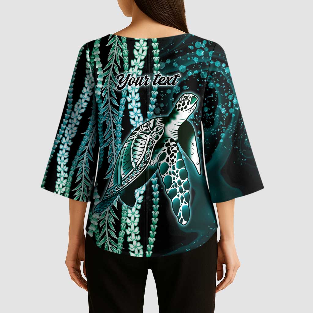 Hawaiian Honu Personalized Kimono Sleeve Blouse Dark Cyan Maile Pikake Flower Lei Inspired