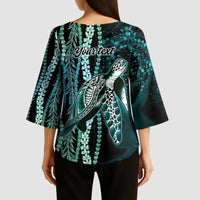 Hawaiian Honu Personalized Kimono Sleeve Blouse Dark Cyan Maile Pikake Flower Lei Inspired