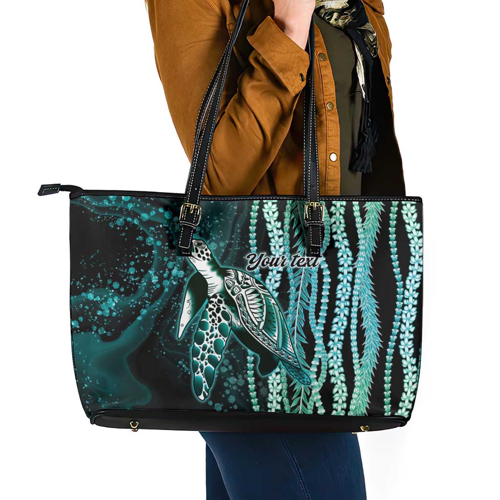 Hawaiian Honu Personalized Leather Tote Bag Dark Cyan Maile Pikake Flower Lei Inspired