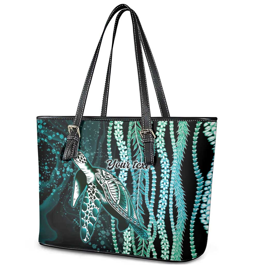 Hawaiian Honu Personalized Leather Tote Bag Dark Cyan Maile Pikake Flower Lei Inspired