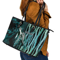 Hawaiian Honu Personalized Leather Tote Bag Dark Cyan Maile Pikake Flower Lei Inspired