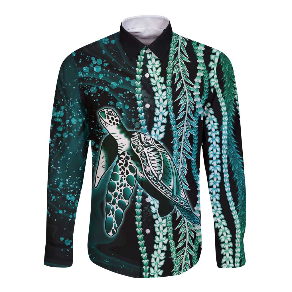 Hawaiian Honu Personalized Long Sleeve Button Shirt Dark Cyan Maile Pikake Flower Lei Inspired LT9 Unisex Cyan - Polynesian Pride