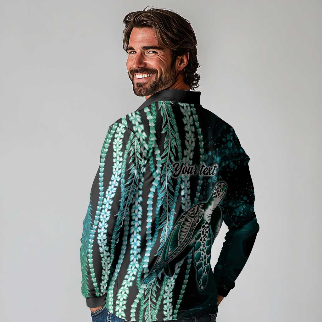 Hawaiian Honu Personalized Long Sleeve Polo Shirt Dark Cyan Maile Pikake Flower Lei Inspired