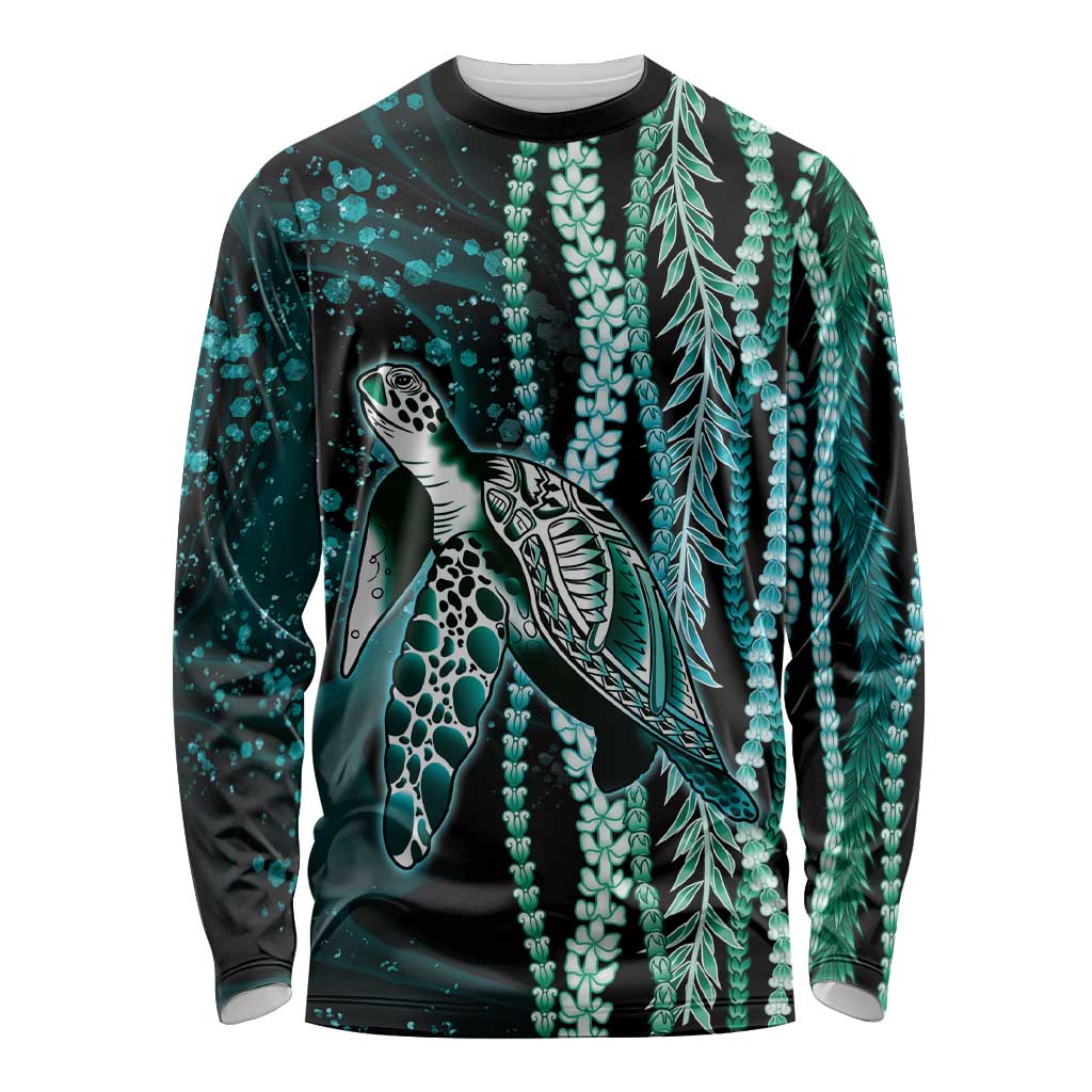 Hawaiian Honu Personalized Long Sleeve Shirt Dark Cyan Maile Pikake Flower Lei Inspired LT9 Unisex Cyan - Polynesian Pride