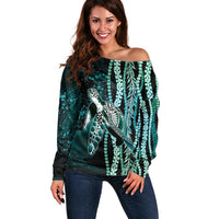 Hawaiian Honu Personalized Off Shoulder Sweater Dark Cyan Maile Pikake Flower Lei Inspired