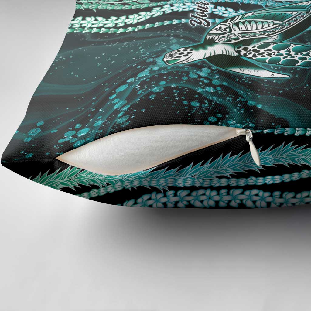 Hawaiian Honu Personalized Pillow Cover Dark Cyan Maile Pikake Flower Lei Inspired