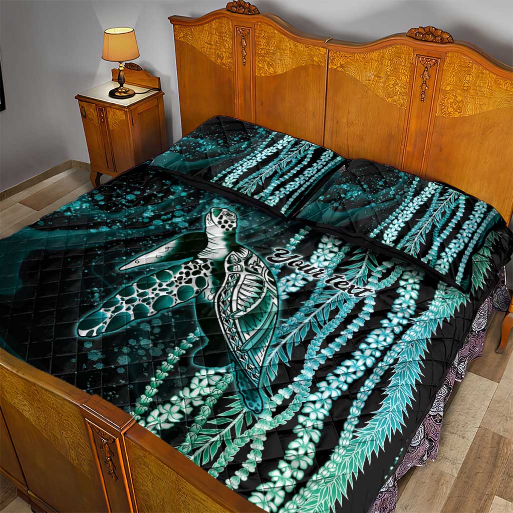 Hawaiian Honu Personalized Quilt Bed Set Dark Cyan Maile Pikake Flower Lei Inspired