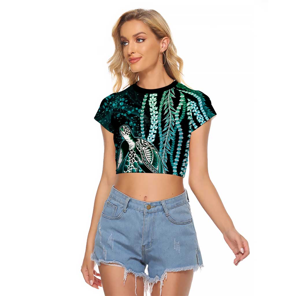Hawaiian Honu Personalized Raglan Cropped T Shirt Dark Cyan Maile Pikake Flower Lei Inspired