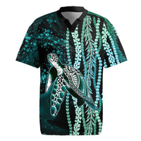 Hawaiian Honu Personalized Rugby Jersey Dark Cyan Maile Pikake Flower Lei Inspired