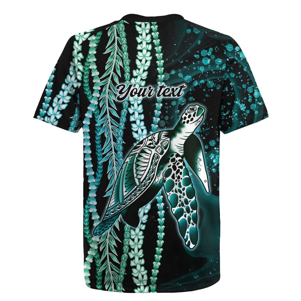 Hawaiian Honu Personalized Rugby Jersey Dark Cyan Maile Pikake Flower Lei Inspired