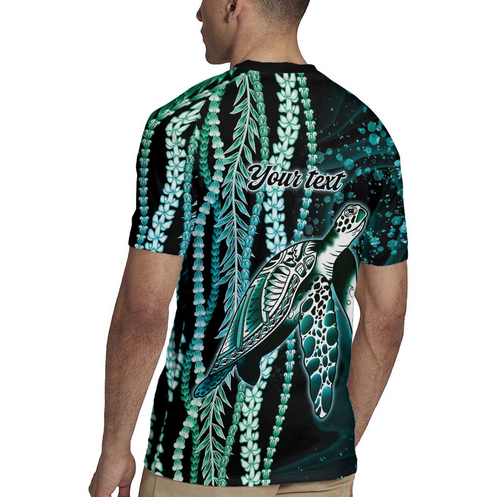 Hawaiian Honu Personalized Rugby Jersey Dark Cyan Maile Pikake Flower Lei Inspired