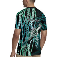 Hawaiian Honu Personalized Rugby Jersey Dark Cyan Maile Pikake Flower Lei Inspired