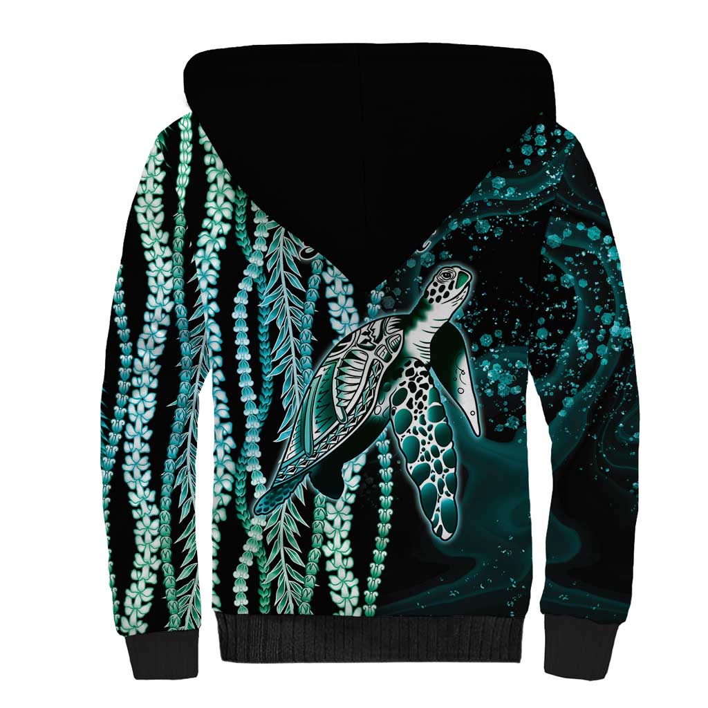 Hawaiian Honu Personalized Sherpa Hoodie Dark Cyan Maile Pikake Flower Lei Inspired