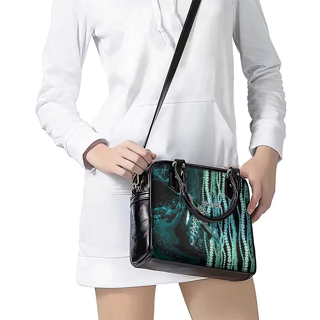 Hawaiian Honu Personalized Shoulder Handbag Dark Cyan Maile Pikake Flower Lei Inspired