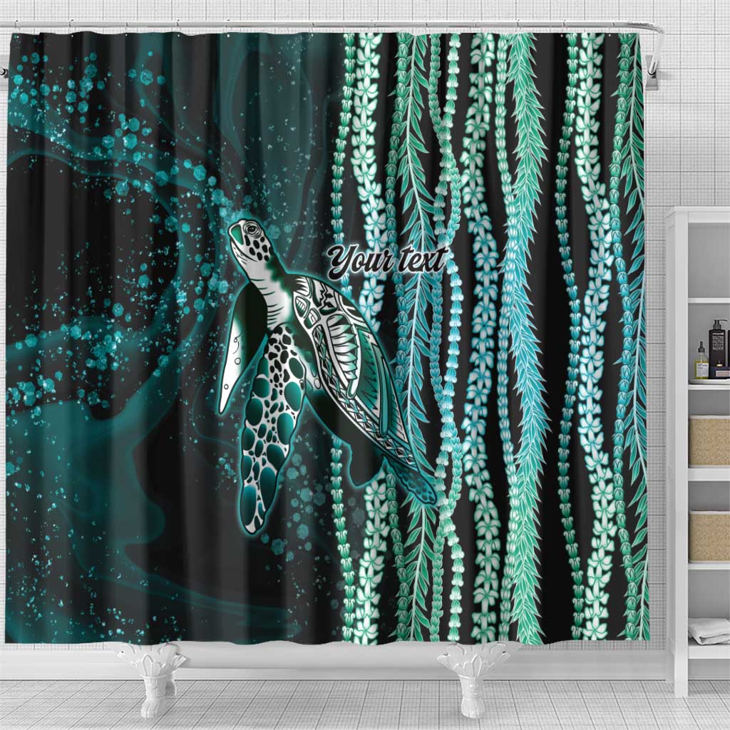 Hawaiian Honu Personalized Shower Curtain Dark Cyan Maile Pikake Flower Lei Inspired