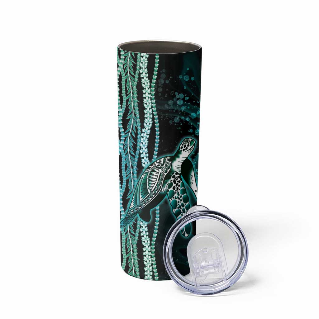 Hawaiian Honu Personalized Skinny Tumbler Dark Cyan Maile Pikake Flower Lei Inspired