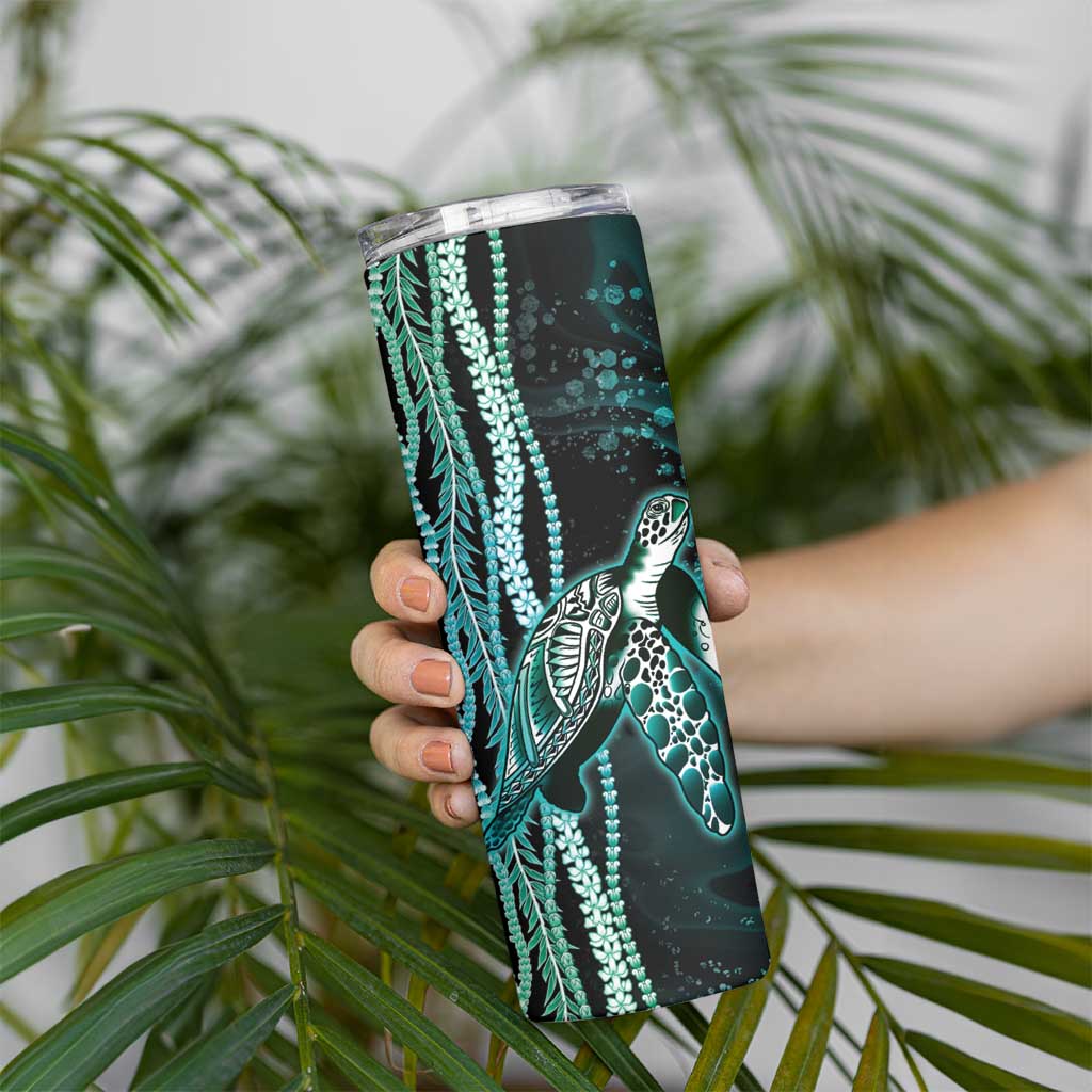 Hawaiian Honu Personalized Skinny Tumbler Dark Cyan Maile Pikake Flower Lei Inspired