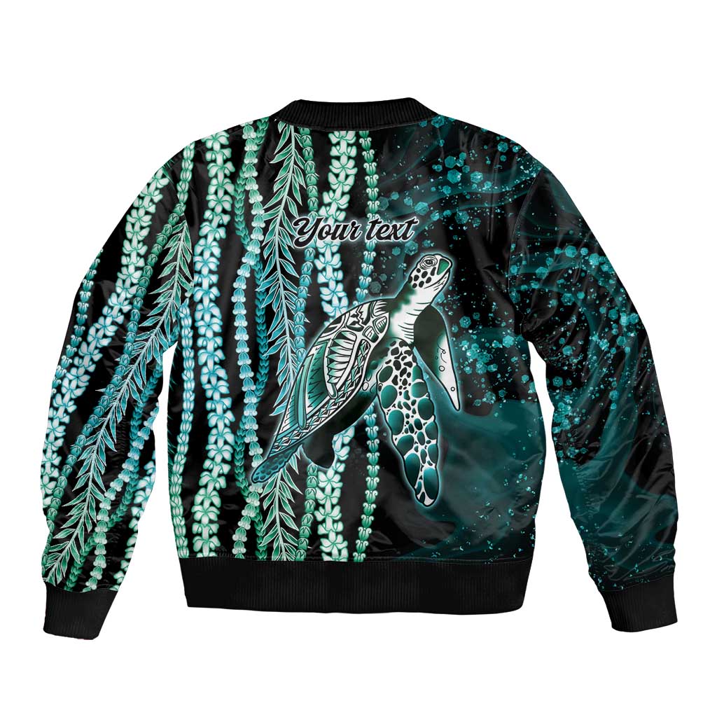 Hawaiian Honu Personalized Sleeve Zip Bomber Jacket Dark Cyan Maile Pikake Flower Lei Inspired