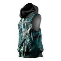 Hawaiian Honu Personalized Sleeveless Hoodie Dark Cyan Maile Pikake Flower Lei Inspired