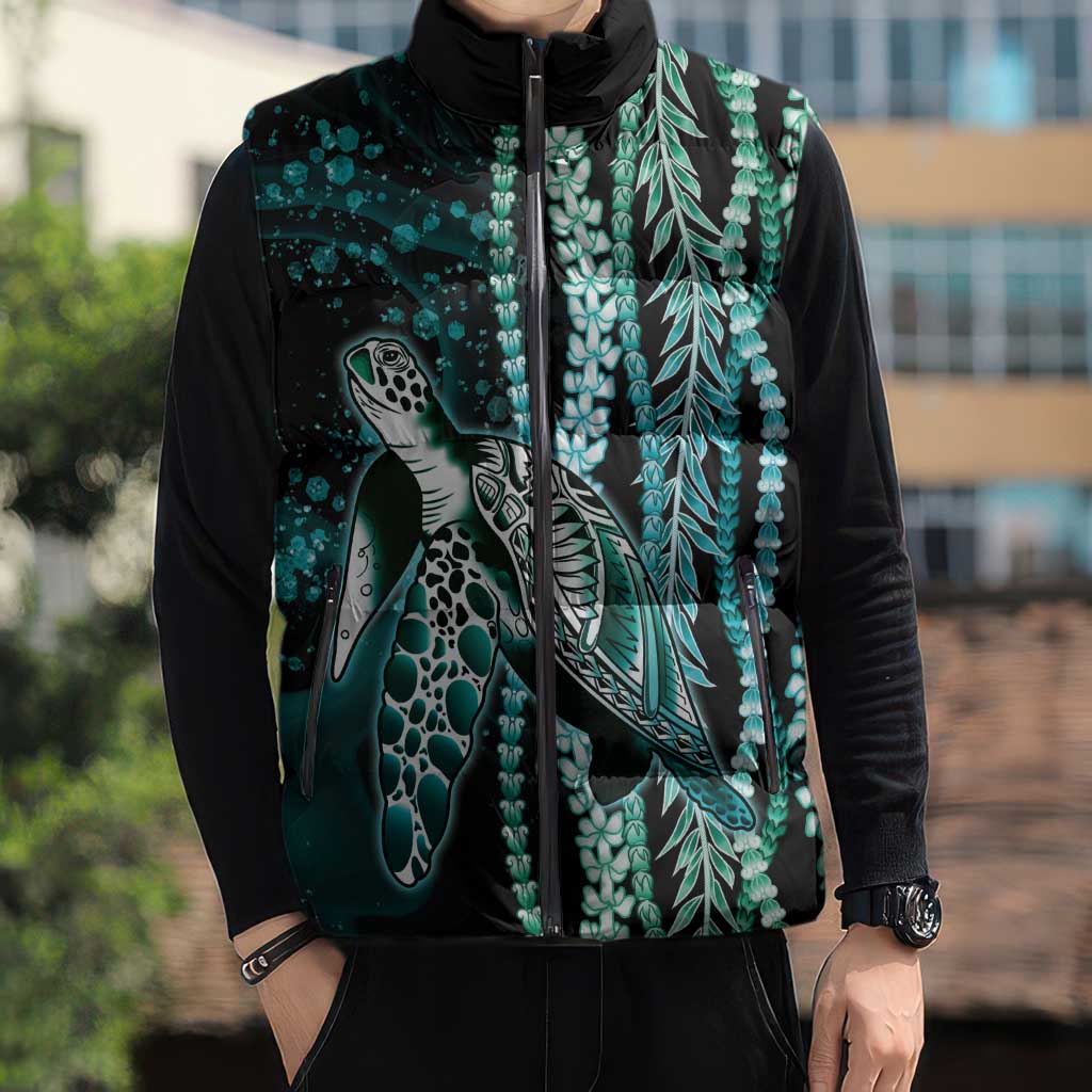 Hawaiian Honu Personalized Sleeveless Puffer Jacket Dark Cyan Maile Pikake Flower Lei Inspired