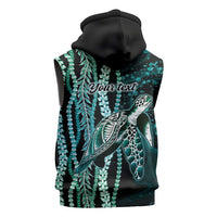 Hawaiian Honu Personalized Sleeveless Zip Hoodie Dark Cyan Maile Pikake Flower Lei Inspired