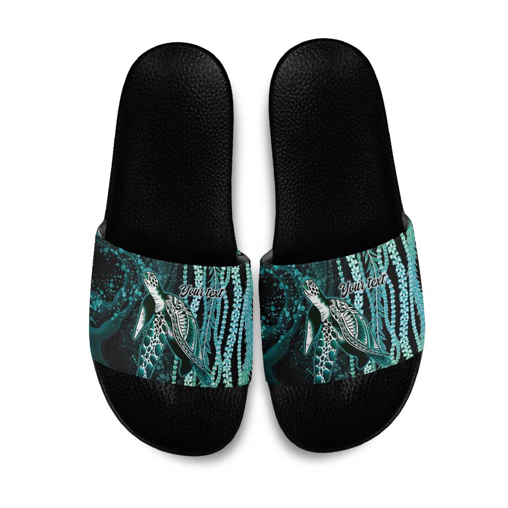Hawaiian Honu Personalized Slide Sandals Dark Cyan Maile Pikake Flower Lei Inspired