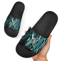 Hawaiian Honu Personalized Slide Sandals Dark Cyan Maile Pikake Flower Lei Inspired