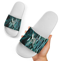 Hawaiian Honu Personalized Slide Sandals Dark Cyan Maile Pikake Flower Lei Inspired