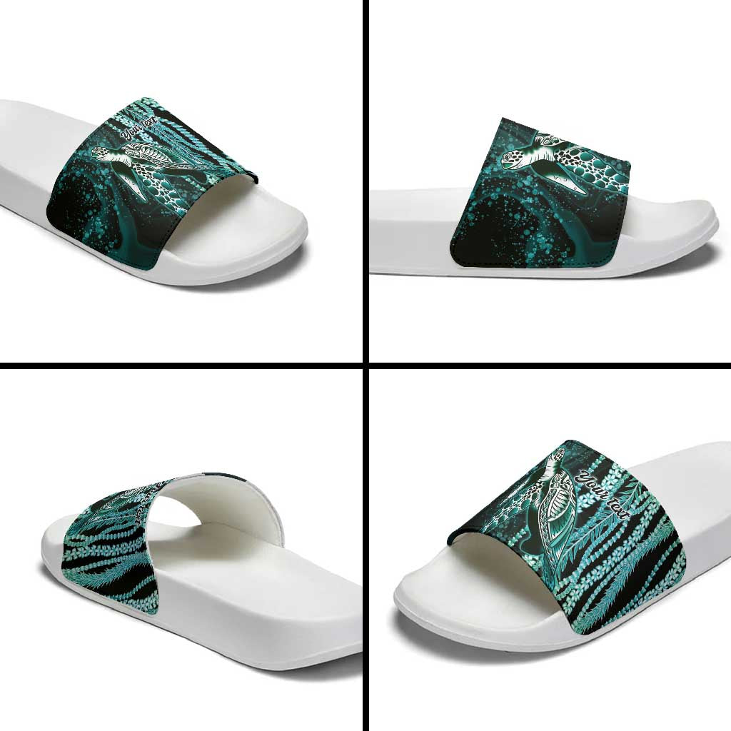 Hawaiian Honu Personalized Slide Sandals Dark Cyan Maile Pikake Flower Lei Inspired