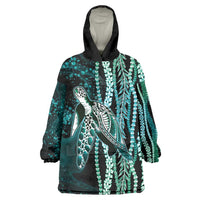 Hawaiian Honu Personalized Wearable Blanket Hoodie Dark Cyan Maile Pikake Flower Lei Inspired