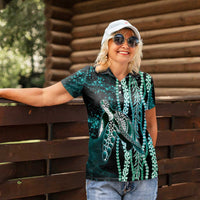 Hawaiian Honu Personalized Women Polo Shirt Dark Cyan Maile Pikake Flower Lei Inspired