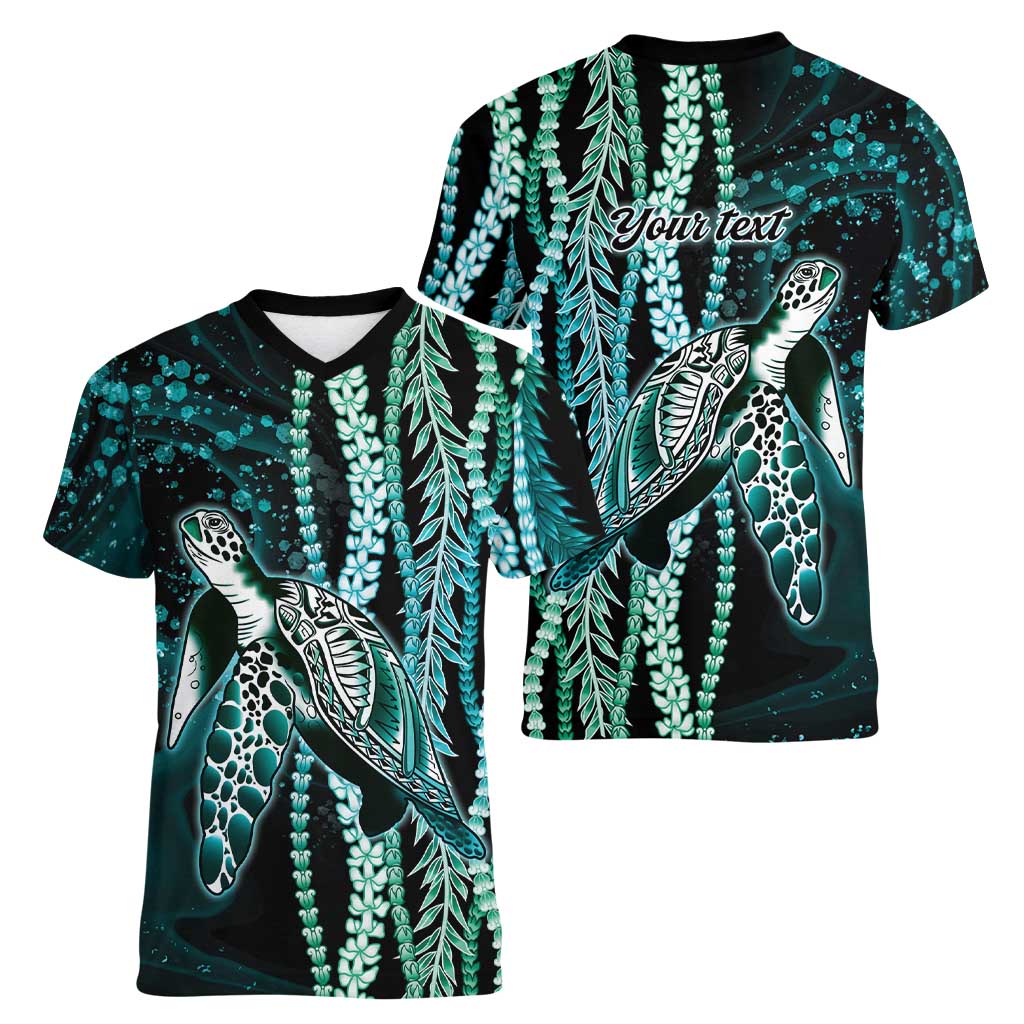 Hawaiian Honu Personalized Women V-Neck T-Shirt Dark Cyan Maile Pikake Flower Lei Inspired