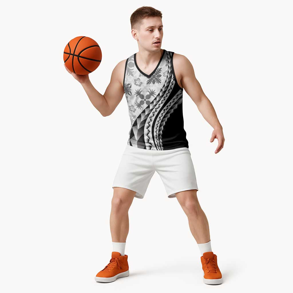 Black Hawaiian Quilt Pattern Basketball Jersey Mixed Polynesian Tribal Arty - Polynesian Pride