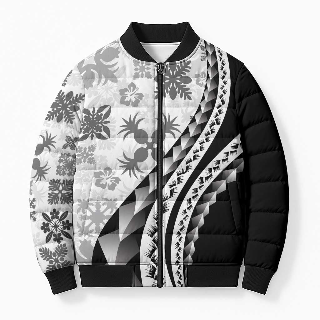 Black Hawaiian Quilt Pattern Bomber Puffer Jacket Mixed Polynesian Tribal Arty LT9 Unisex Black - Polynesian Pride