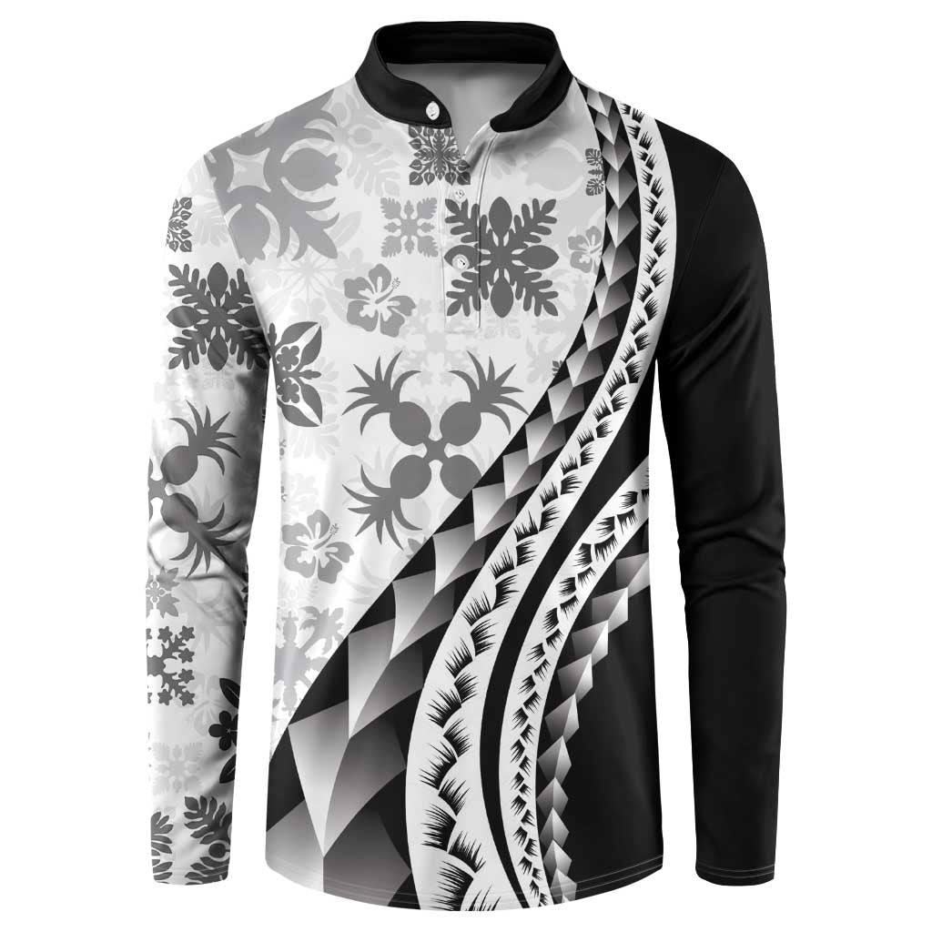 Black Hawaiian Quilt Pattern Button Sweatshirt Mixed Polynesian Tribal Arty LT9 Black - Polynesian Pride