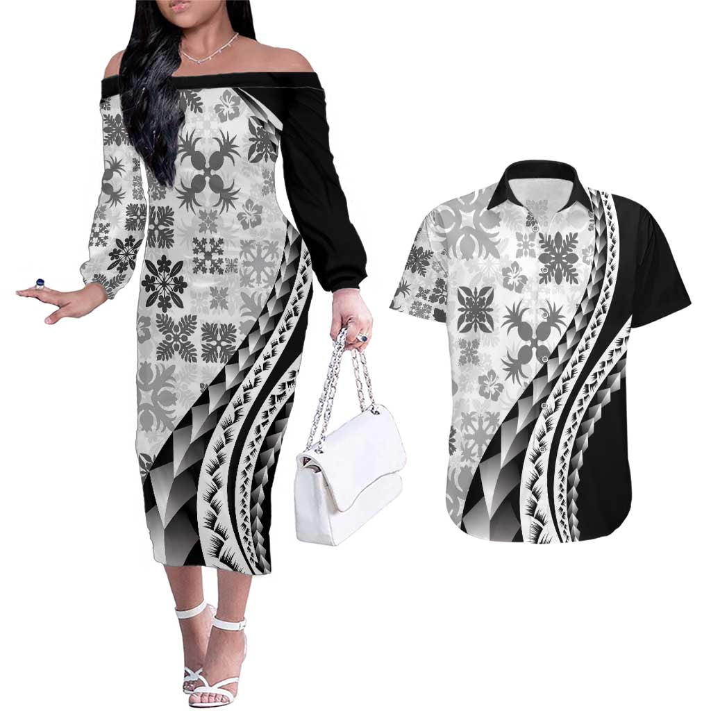Black Hawaiian Quilt Pattern Couples Matching Off The Shoulder Long Sleeve Dress and Hawaiian Shirt Mixed Polynesian Tribal Arty LT9 Black - Polynesian Pride