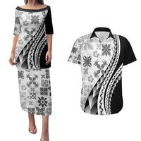 Black Hawaiian Quilt Pattern Couples Matching Puletasi and Hawaiian Shirt Mixed Polynesian Tribal Arty